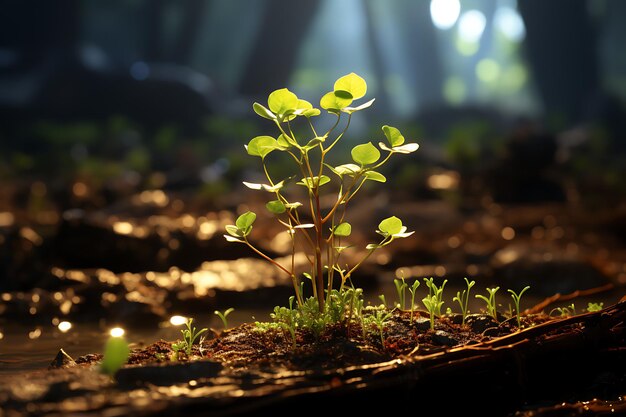 太陽の光で育つ若い植物 AIが生成された