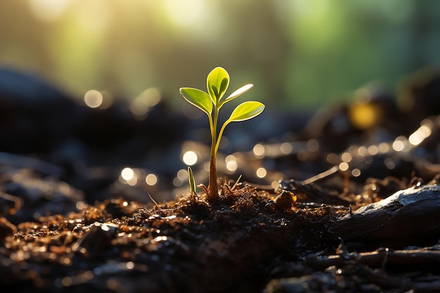 太陽の光で育つ若い植物 AIが生成された