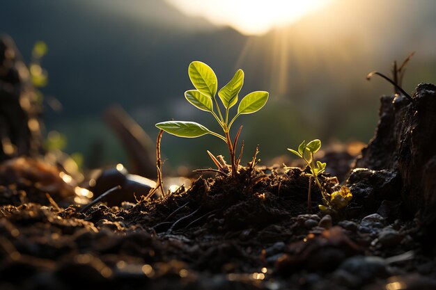 太陽の光で育つ若い植物 AIが生成された