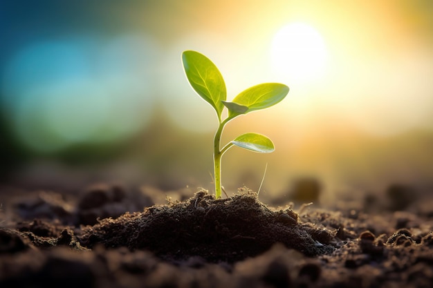 太陽光で成長する若い植物