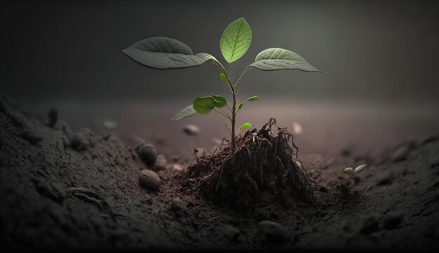 A young plant grows from the ground Generative ai