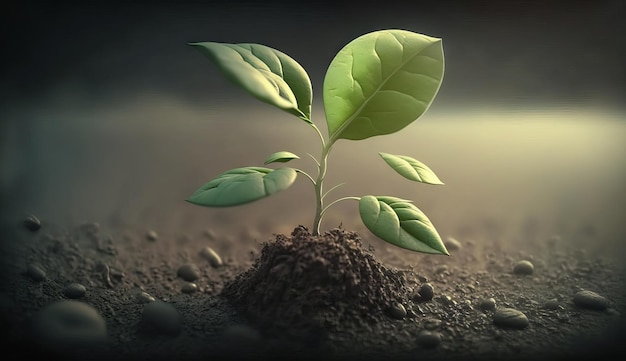 A young plant grows from the ground Generative ai