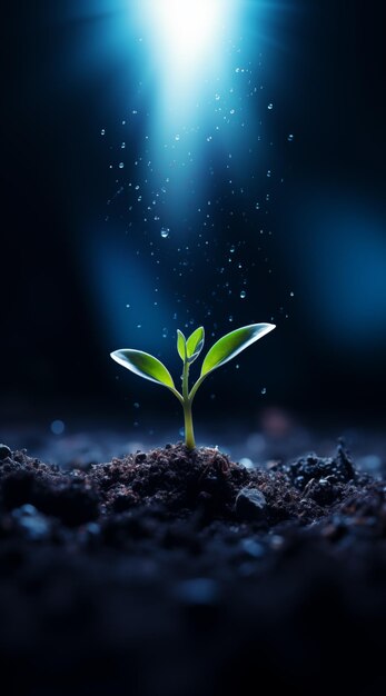 A young plant grows in ground with a light shining on the ground