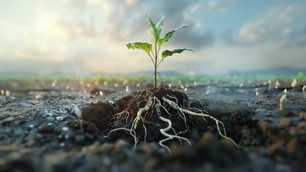 a young plant grows in the soil of a field