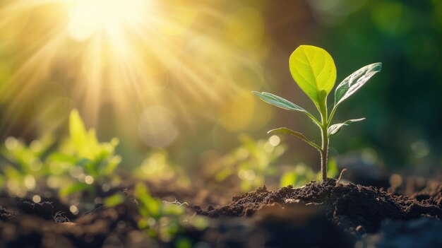 肥沃な土に太陽の光で照らされた若い植物