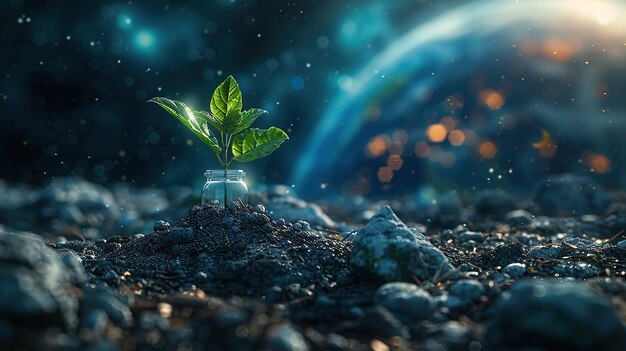 Photo young plant in jar on rocky soil with cosmic backdrop