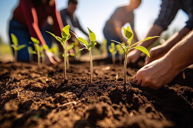 Young plant seedling growing in fertile soil on blurred background of group of people Group of people planting seedlings in the ground closeup AI Generated