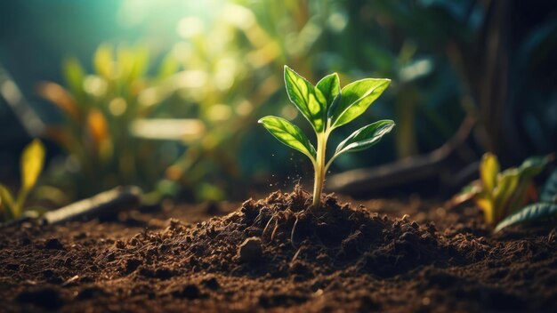 Young plant sprouting from soil at sunrise