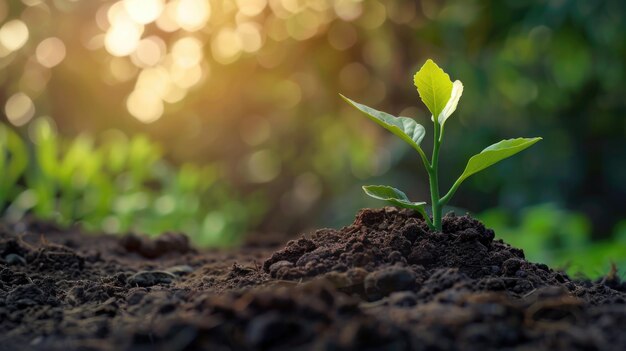 太陽の光で土から芽生える若い植物