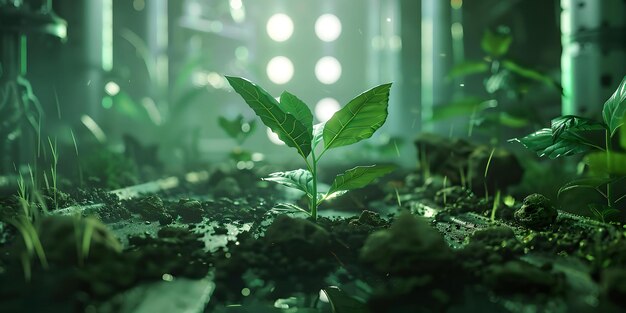 新たな生命と持続性を象徴する 神秘的な森で 鮮やかな緑の葉で芽生える若い植物 静かな静かな景色 詳細に捉えられたAI