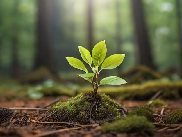 Young plant sprouts from forest floor ar c