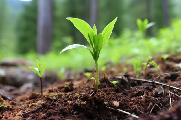 若い植物が森の床から芽をく