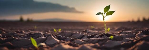 Photo a young plant sprouts from the ground in a barren field