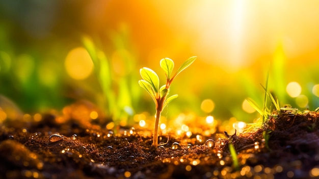 Young plant in the sunlight growing from the soil