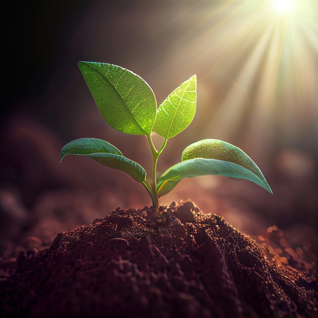 太陽の光に照らされた若い植物 成長する植物