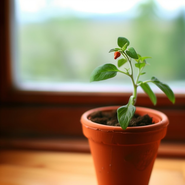 Young plant in a terracotta pot against a window with a mountainous view