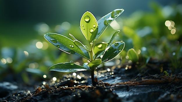 写真 水滴を注ぐ若い植物