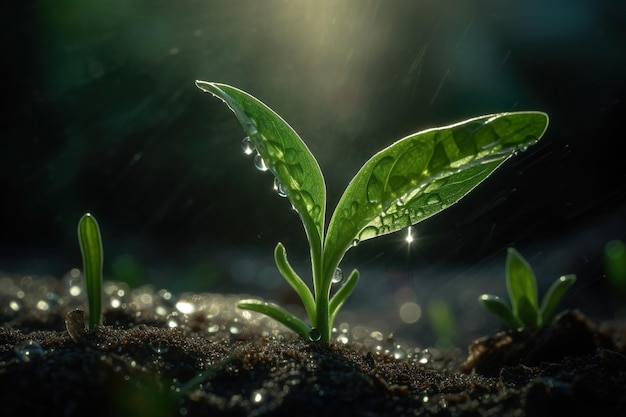 햇빛에 빗물이 떨어지는 어린 식물 Generative Ai