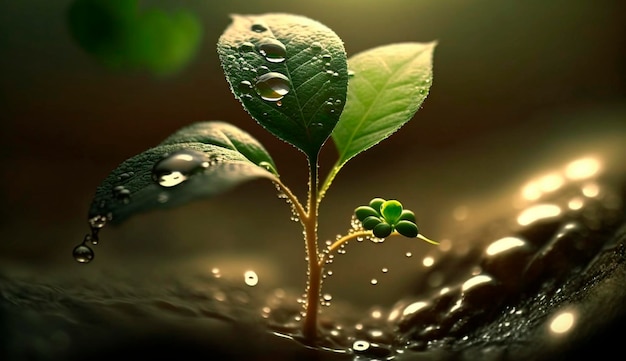 A young plant with a drop of water in the sun a growing plant grows Generative AI