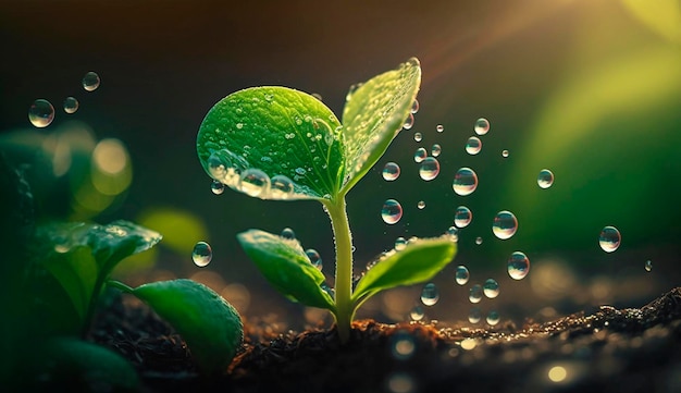 A young plant with a drop of water in the sun a growing plant grows Generative AI