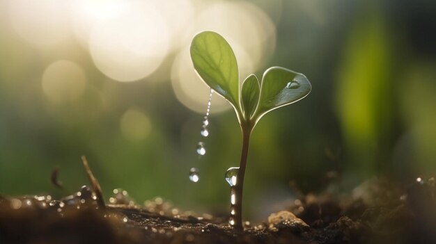 太陽の水滴を浴びた若い植物 成長する植物 選択的な焦点 生成的なAI