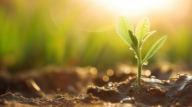 A young plant with a drop of water in the sun a growing plant grows Selective focus Generative AI