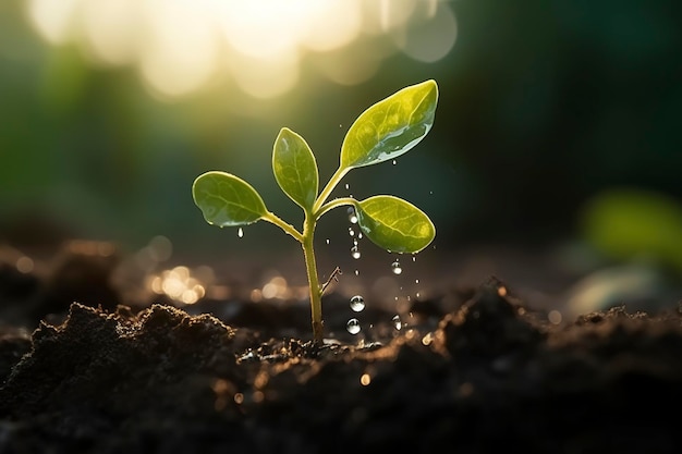 Young plant with drop of water in sunlight Growing plant grow up Generative ai