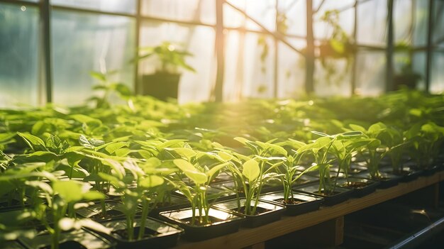 Young plants growing in a greenhouse with sunlight streaming through