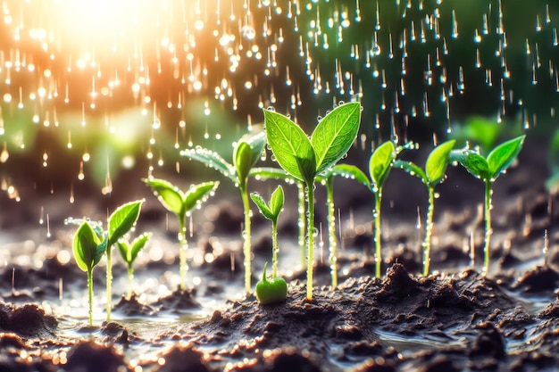 young plants growing on the ground in the rain save lives banner