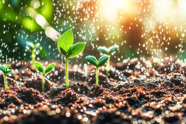 young plants growing on the ground in the rain save lives banner