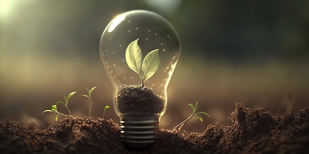 young plants growing inside of light bulb on soil with nature background at sunny day