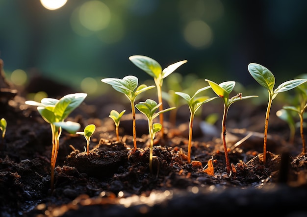 young plants growing out of the ground with light in background