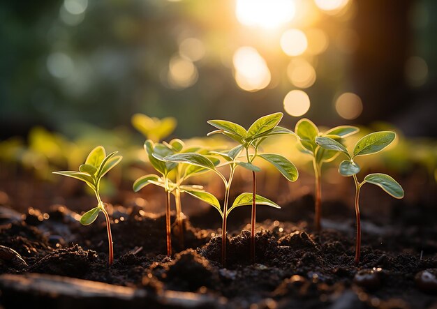 写真 光を背景に地面から成長する若い植物