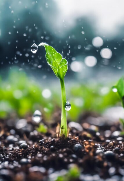 写真 幼い植物は 雨の滴を降らせて 命を救う