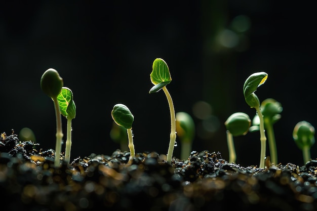 Young plants sprouting in soil with dark background