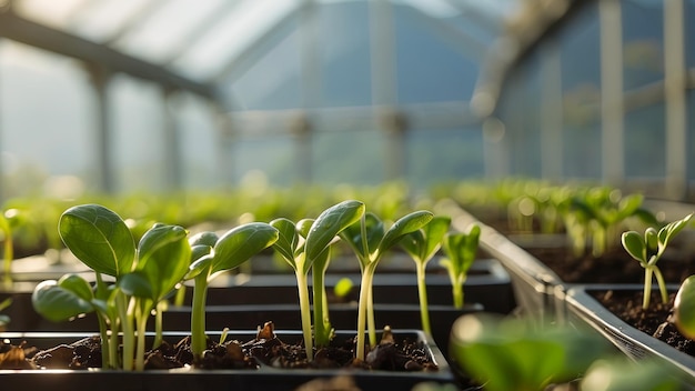 温室で育つ若い植物の芽 昧な自然の背景 農作物の栽培概念
