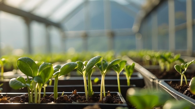 写真 温室で育つ若い植物の芽 昧な自然の背景 農作物の栽培概念