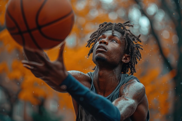 A young player showing determination and skill while making a layup in a street basketball game