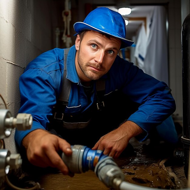 Photo young plumber in blue attire