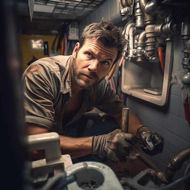 Young Plumber Fixing Sink in Bathroom Ultra Realistic