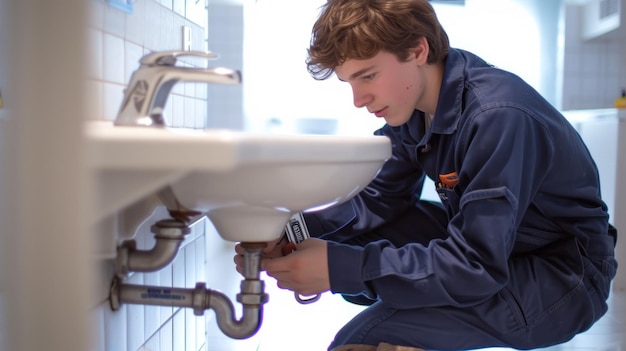 Photo young plumber fixing a sink