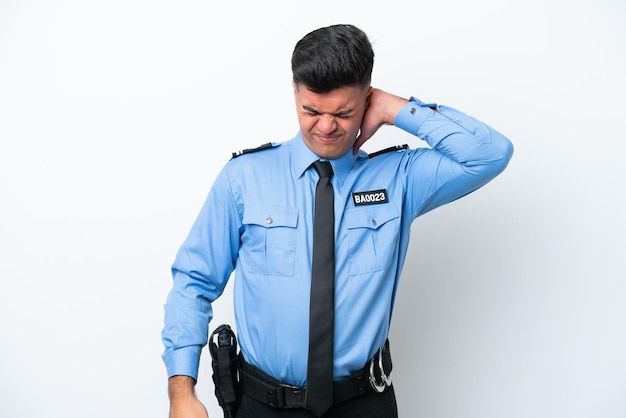 Young police caucasian man isolated on white background with neckache