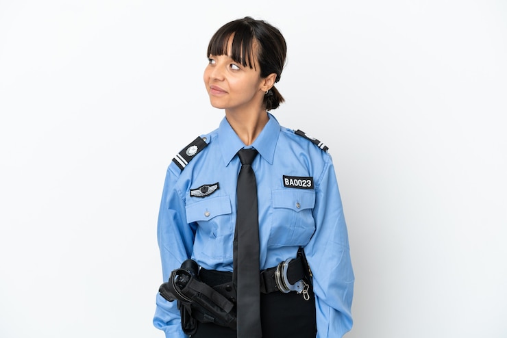Photo 若い警察の混血の女性は、横を見て笑っている背景を分離しました