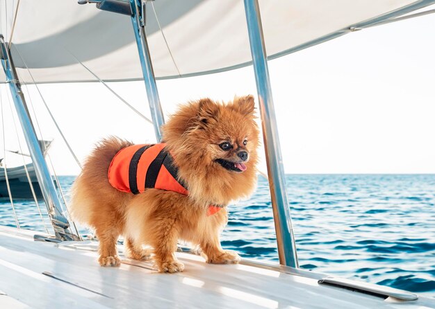 Foto giovane pomeraniano e giubbotto di salvataggio davanti allo sfondo del mare