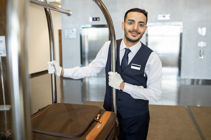 Photo young porter in uniform and eyeglasses pushing cart with suitcases of guests while moving in front of camera along corridor during work