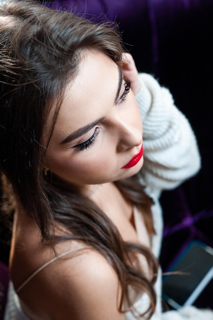 Young positive beautiful european woman portrait at home