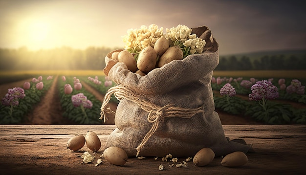 Young potatoes in burlap sack on wooden table with blooming agricultural field on the background Generative ai