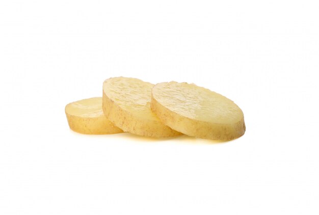 Young potatoes slices isolated on white surface