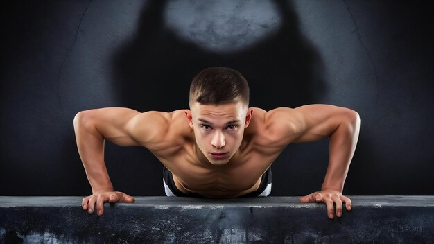 Young powerful sportsman training push ups over dark wall