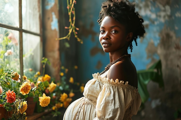 Young pregnant African black woman against a background of beautiful colored flowers